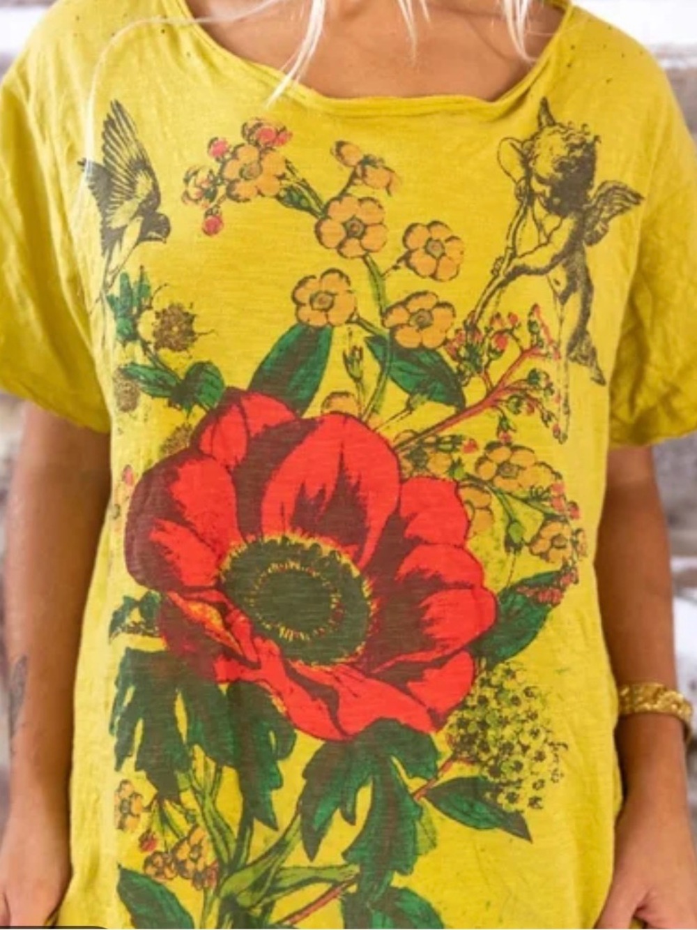 Magnolia Pearl Yellow Tee with Red Floral Graphic Poppy bloom T-Shirt - Picture 1 of 3